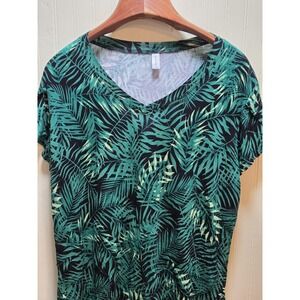 KUOTAI Shirt Womens XL Green Tropical Leaf V Neck Short Sleeve Tunic Top
